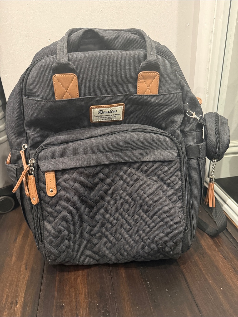Quilted Travel/ Diaper Backpack in Charcoal with Tan Accents